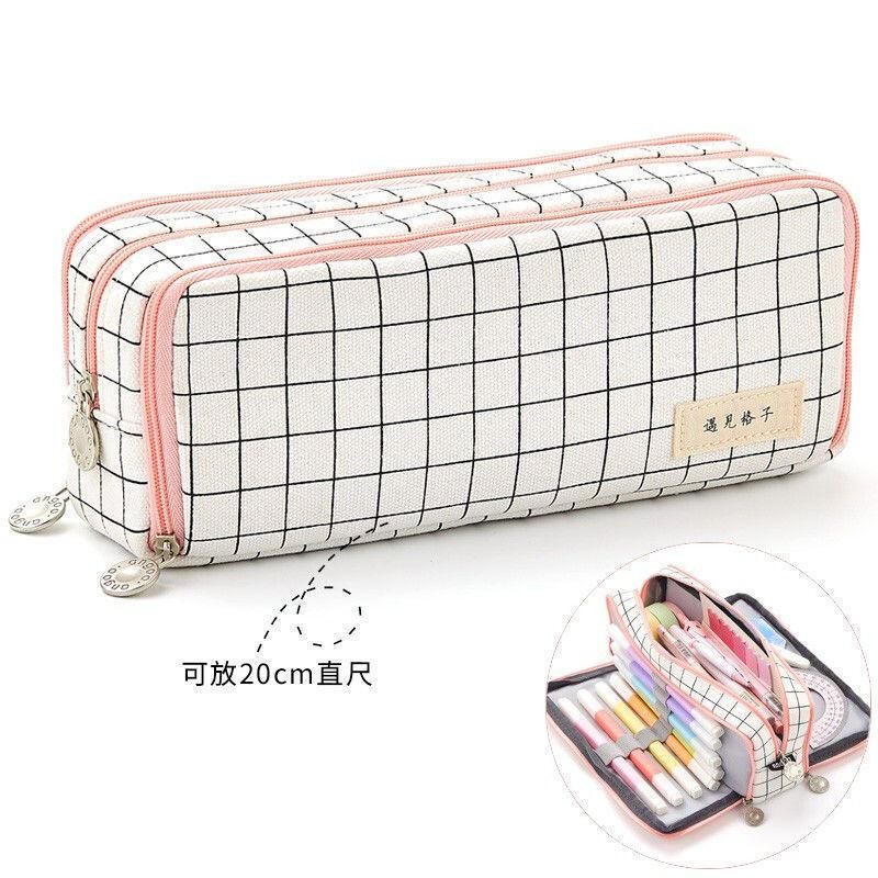 Grid Pencil Case Large Capacity Simplicity Canvas Pencil Case Student Pen Holder Supplies Pencil Bag School Box Pouch Stationery
