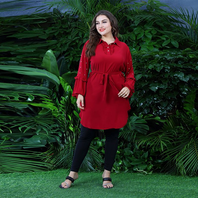 Muslim Tops Long Sleeve Chiffon Tops Islamic Clothing Women Plus Size-Red