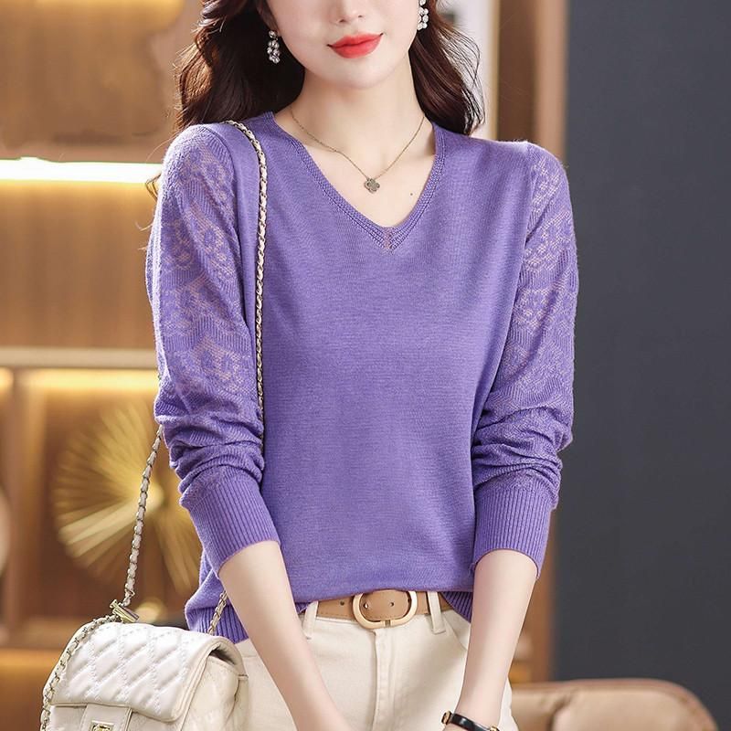 Temperament Sweater Women's Spring 2023 New Lace Long Sleeve Knit V-Neck Thin Hollow Bottom Sweater