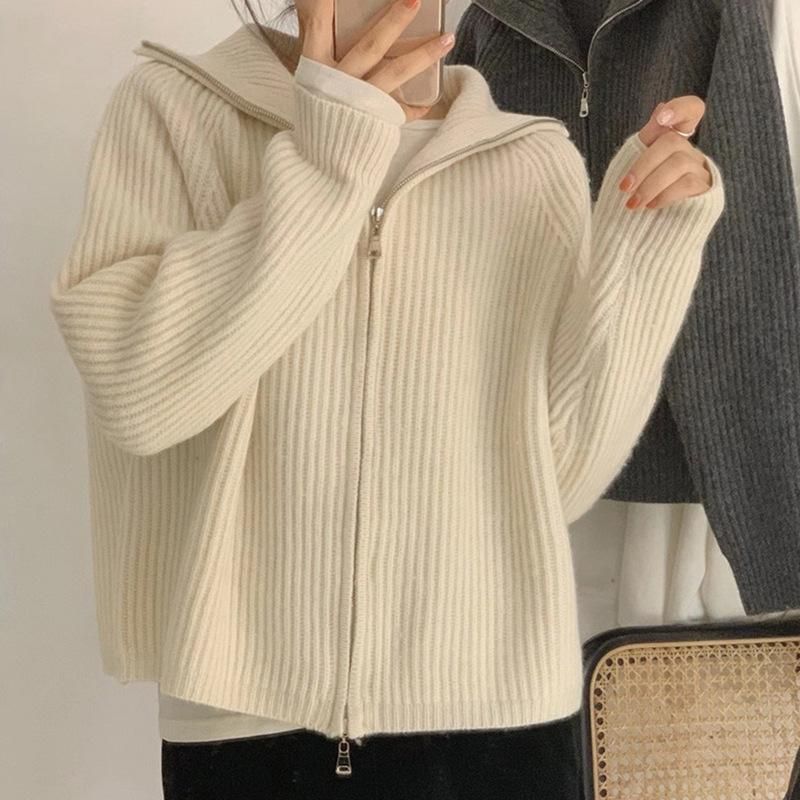 2023 Spring Lazy Style High Neck Knitted Cardigan Korean INS. Zipper Design Feels Small and Popular