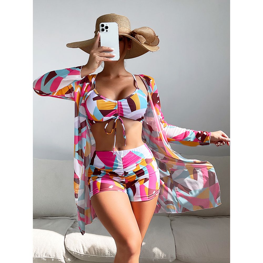 (Sky Rose Red)High Waist Bikinis 2022 3 Piece Bikini Set Cover Up Swimsuit For Women Long Sleeve Push Up Swimwear Beach Wear Bathing Suit XXA