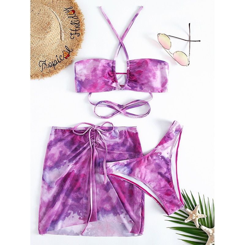 In-X Bandeau Bikini Pink Print Swimwear Women Skirts 3 Pieces Set Halter String