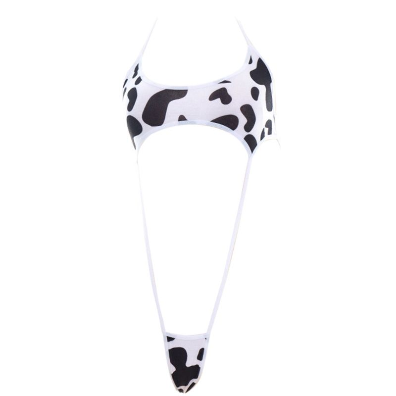 ( Shown)Women Cute Milk Cow Print Bikini Bodysuit Y Halter Backless Cutout