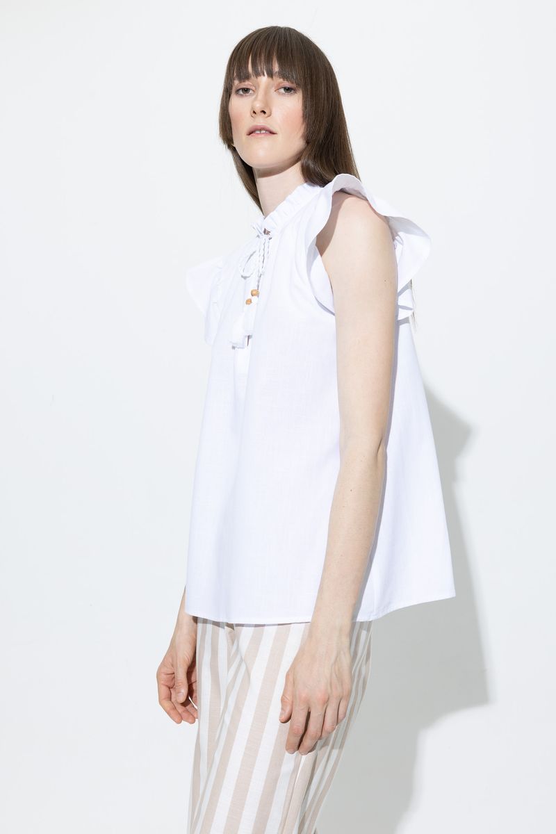 Woman Casual Regular Fit Frill Neck Woven Short Sleeve Blouse - White