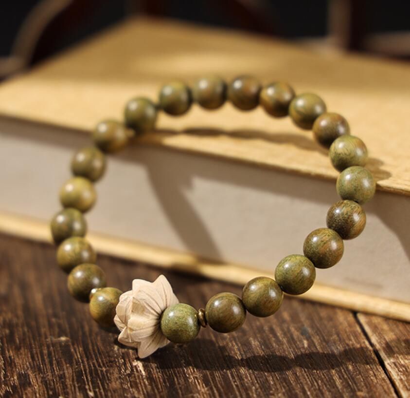 Green Sandalwood Bracelet Strand Lotus Luck Bracelet