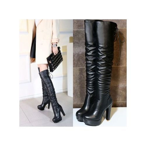JAVING Tie Back Over The Knee Chunky Stiletto Boots, Black