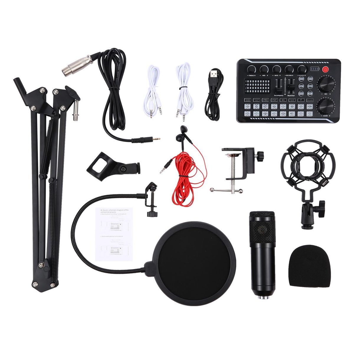Suspension Microphone Kit Professional Sound Card & Microphone & Mic Arm Bracket Set F998 Live Soundcard BM800 Condenser Microphone Shock Proof Holder Windshield Pop Filter Boom Arm for Studio Recording Live Video Broadcastin
