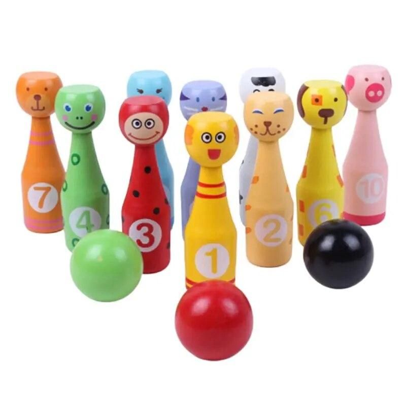 13pcs/set Wooden Bowling Set 10 Pins 3 Ball Animal Bowling Game for Children Drop Shipping