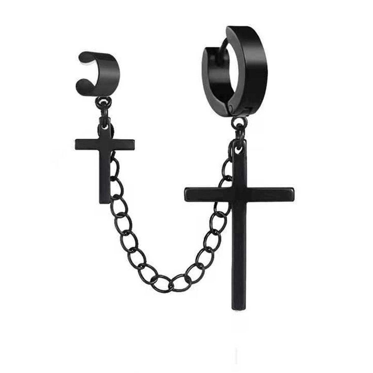 1Pc Punk Hip Hop Metal Chain Ear Cuff Creative Cross-Black