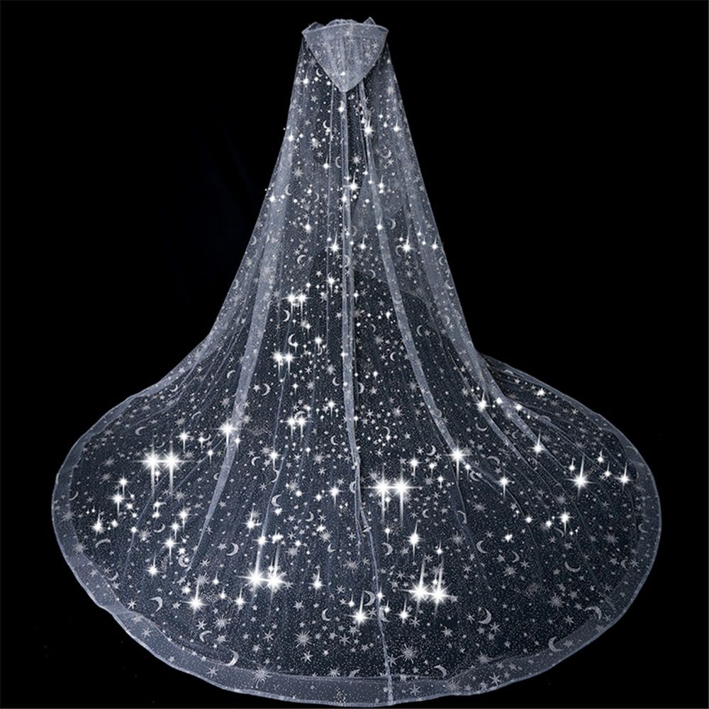 Bling Bridal Veil Wedding Cape  Sparkly Glittering Stars Moon Long Cathedral