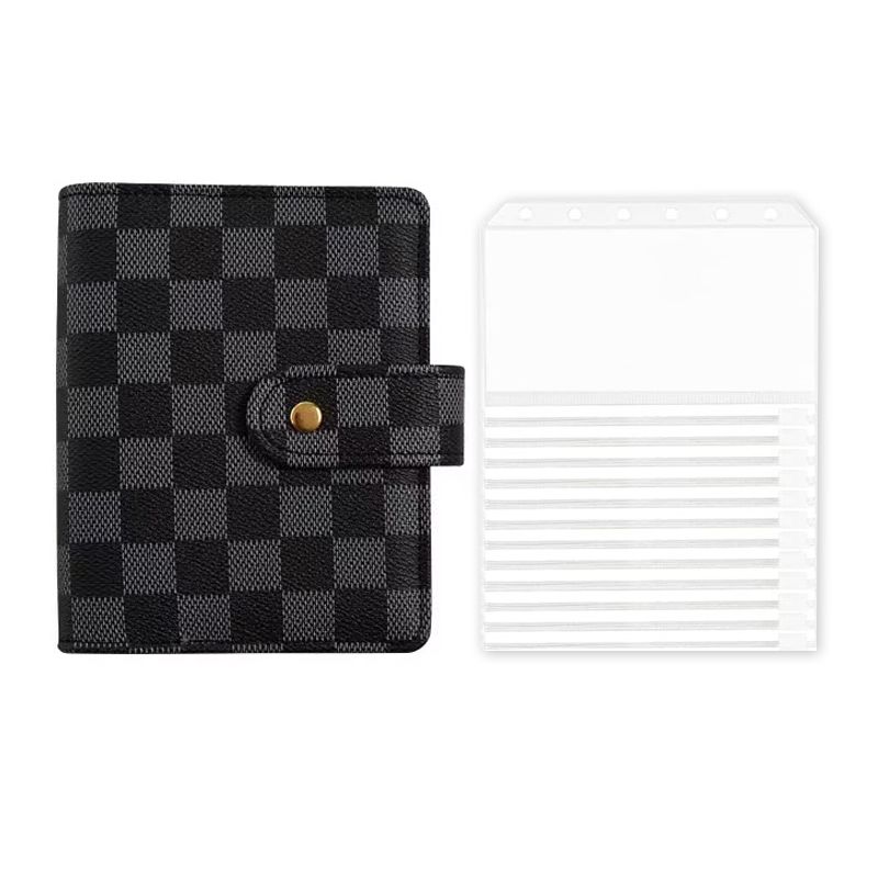A7 PU Leather Budget Binder Refillable 6-Ring Loose-Leaf Personal Planner Notebook With 12 Zipper Pockets Cash Envelopes System Black Squares
