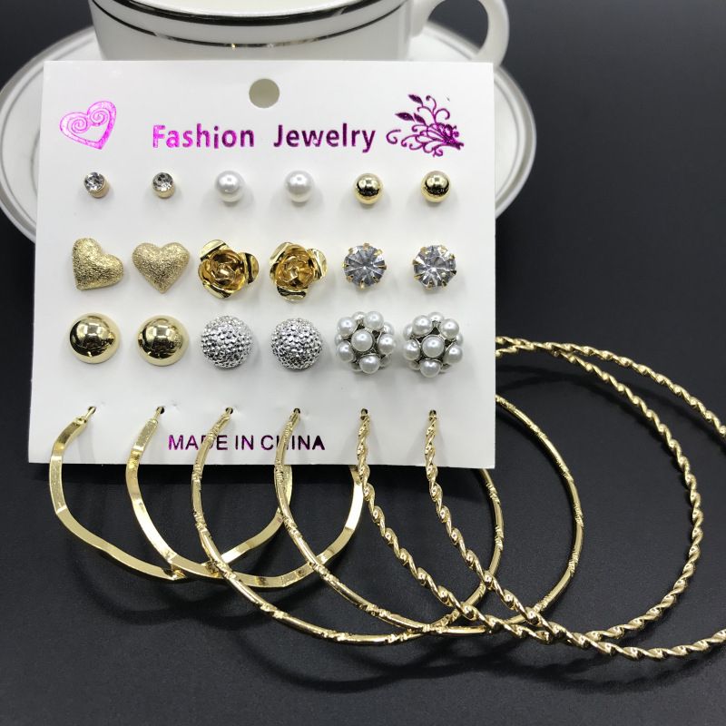12 In 1 Studs Rings And Big Loop Earrings - Gold
