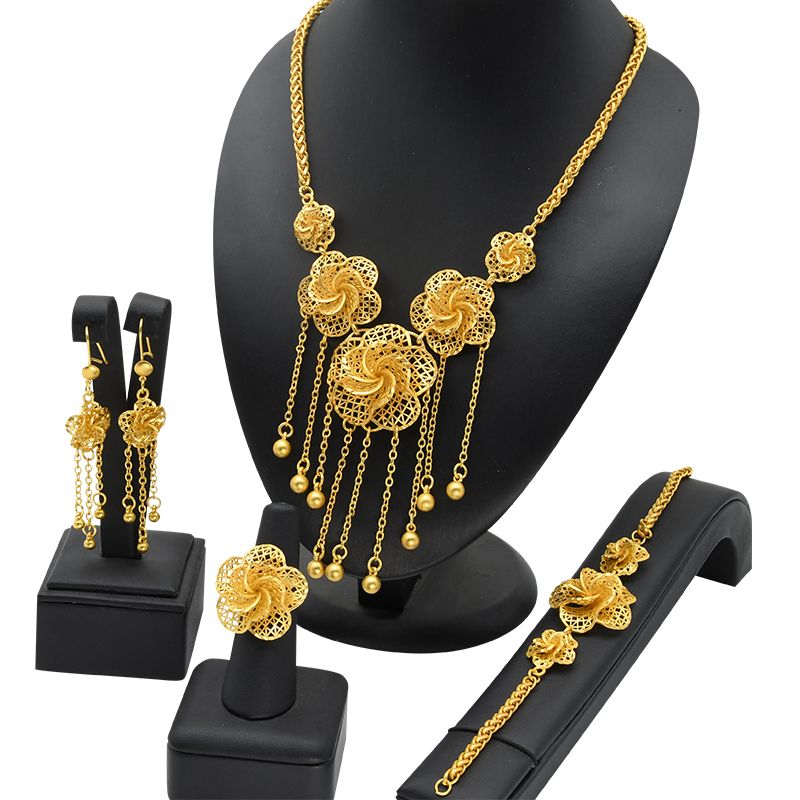 Dubai Jewelry Set Gold Plated Big Necklaces Earrings Rings Sets Flower