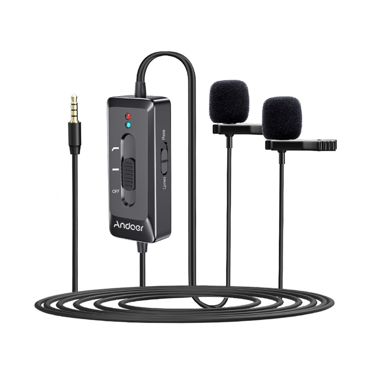 Andoer AD-M2 Pro Clip-on Lavalier Microphone with Omni-directional Dual Mics 3.5mm Plug with 6.5mm Audio Adapter for Smartphones Cameras Recording Pen for News Interview Recording Classroom Teaching Live Streaming Conference 