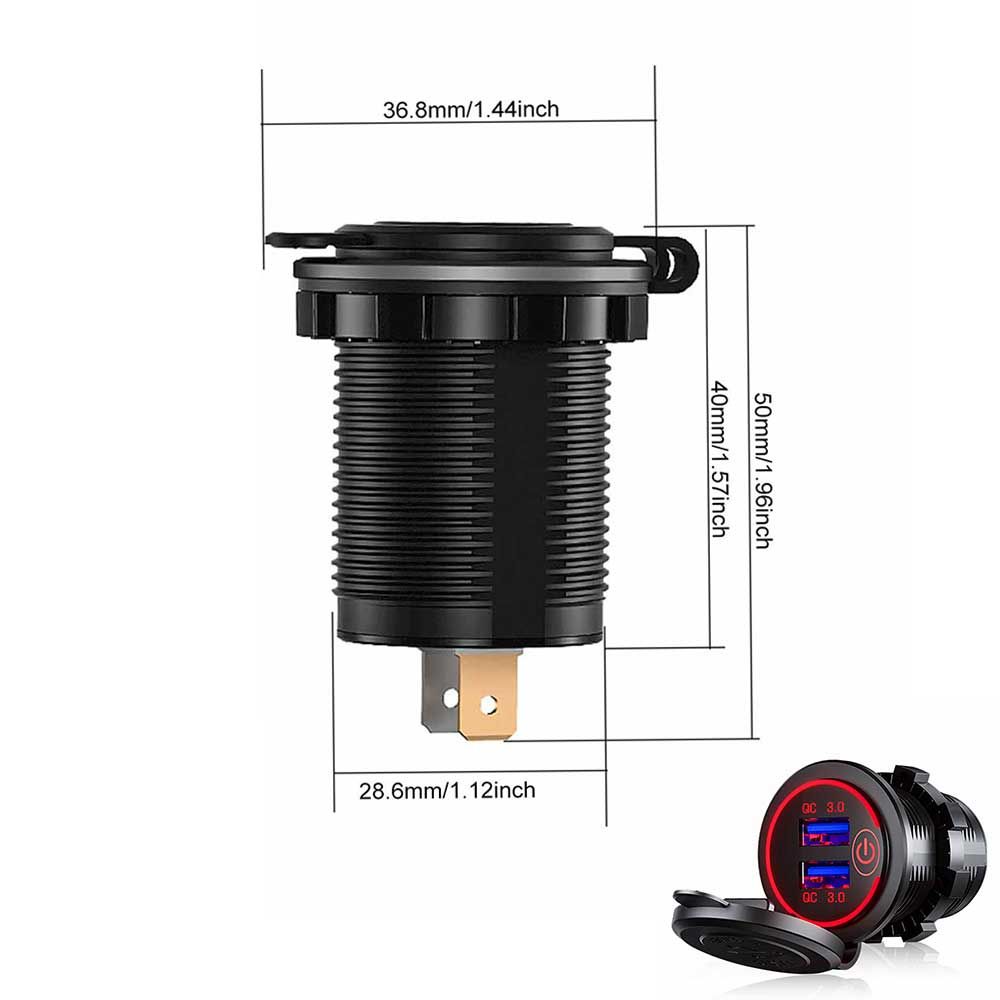 （Red Light）36W Quick Charge 3.0 USB Car Charger Socket Waterproof 12V/24V Dual QC3.0 USB Fast Charger Socket With Touch Switch Power Outlet