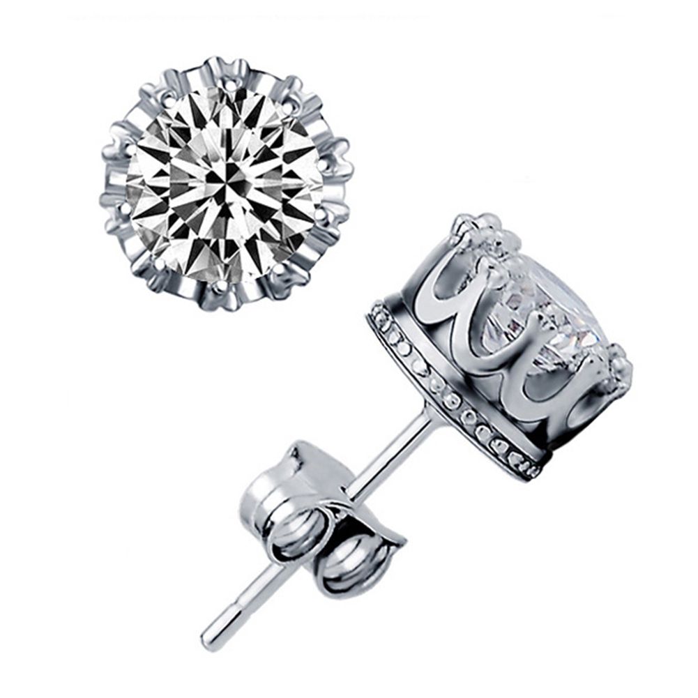 Women Silver Plated Cubic Zirconia Ear Studs Earrings Piercing Jewelry-Platinum