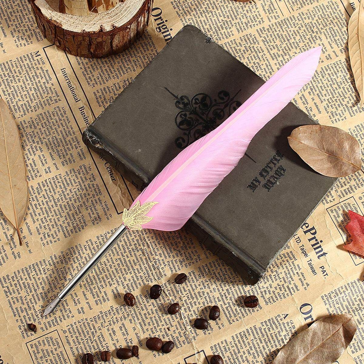Retro Quill Feather Dip Pen Goose Vintage Writing Calligraphy Pen + Nib Set Gift Pink