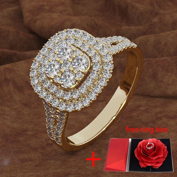 Gold Steel Diamond Engagement And Wedding Ring +ring Box