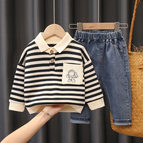 Boy's Striped Sweater Baby Astronaut Jeans Long-sleeve Two-piece Suit Black