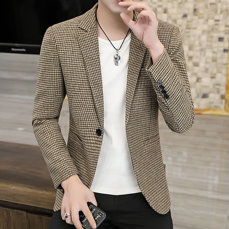 British Style Men Plaid Blazers Coat Slim Fit Social Dress Blazer