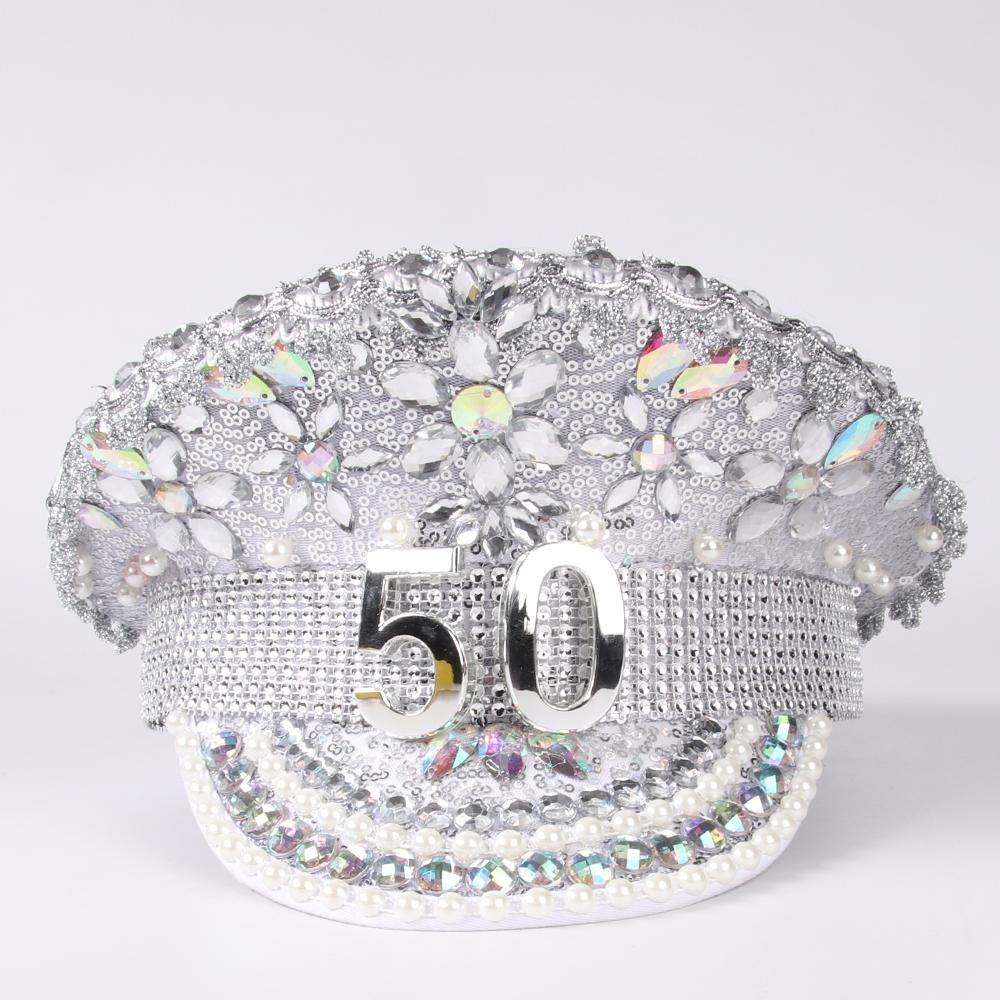 Women Bride  Hat Handmade Silver Bridal Sailor Captain Sergeant Hat Rhine Birthday Festival Hen Do Part Hat