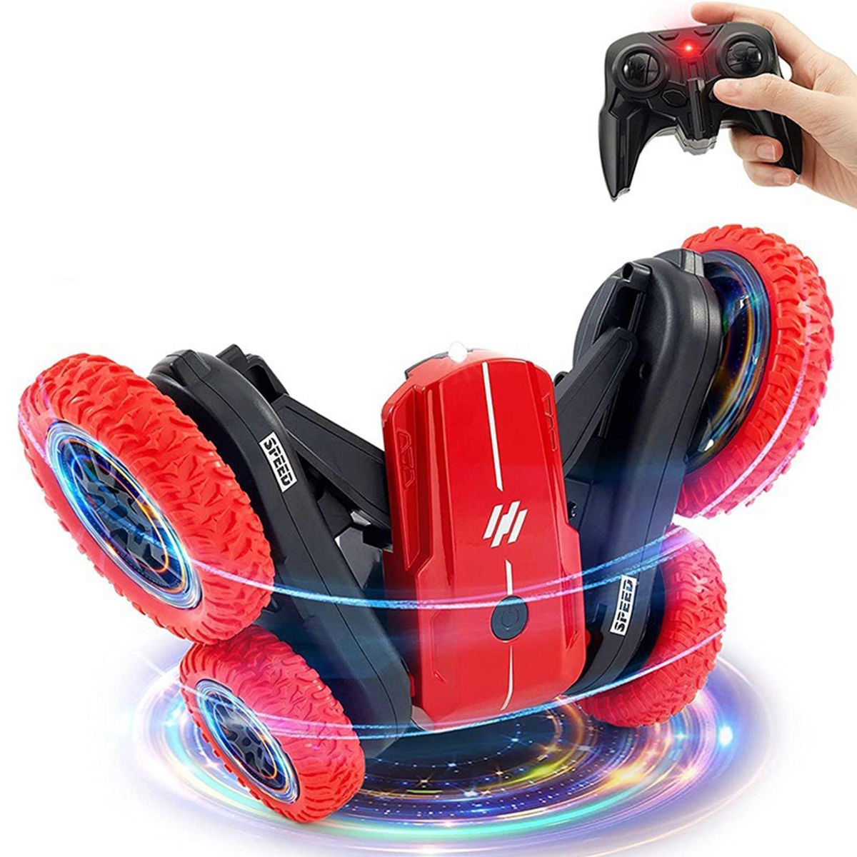 Light Music Double-Sided Stunt Automobile Roll Deformation Blossom Swing Arm Rotating Plaything Automobile Electric Remote Control