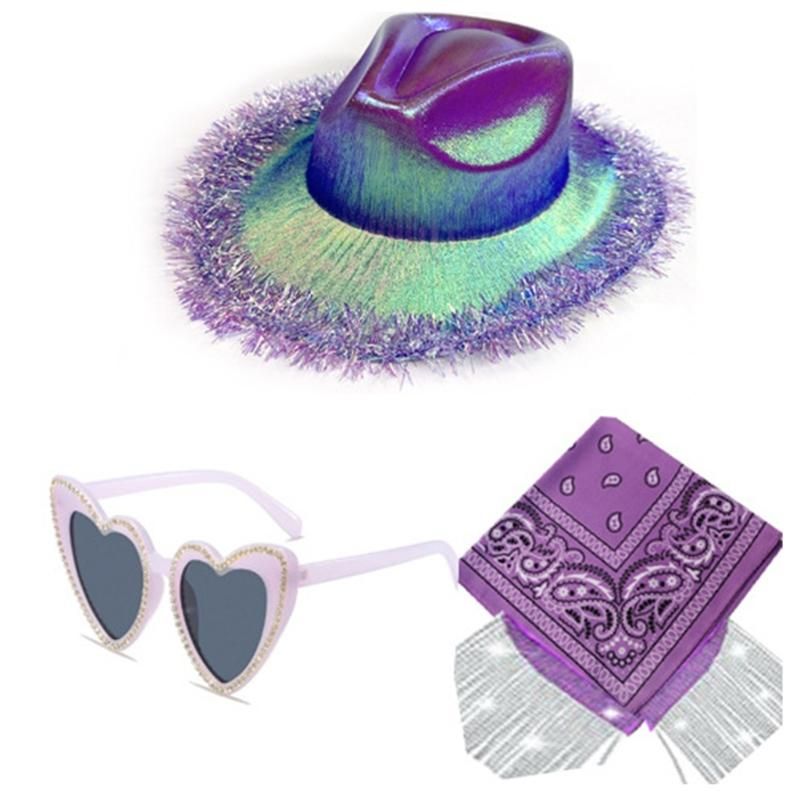 Colorful Western Cowboy Hat with Bandana Scarf Heart Shaped Glasses Cowgirl set
