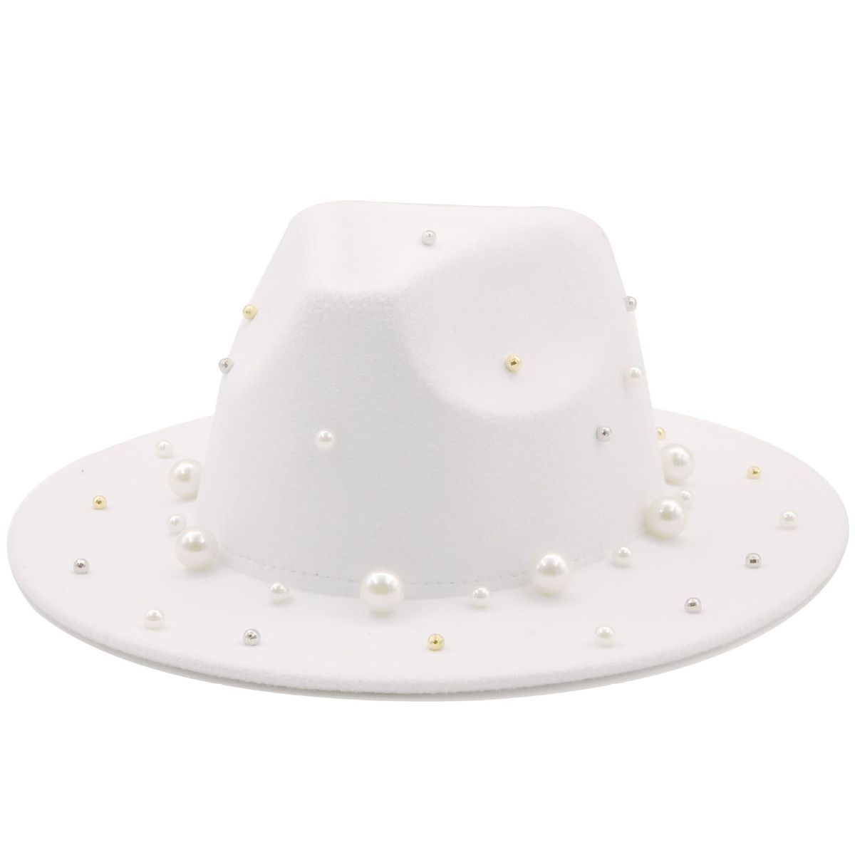 White Spring Autumn Women Wide Brim Faux Wool Felt Top Hat Pearl Decoration Jazz Party Wedding Tan Fedora Hats for Ladies