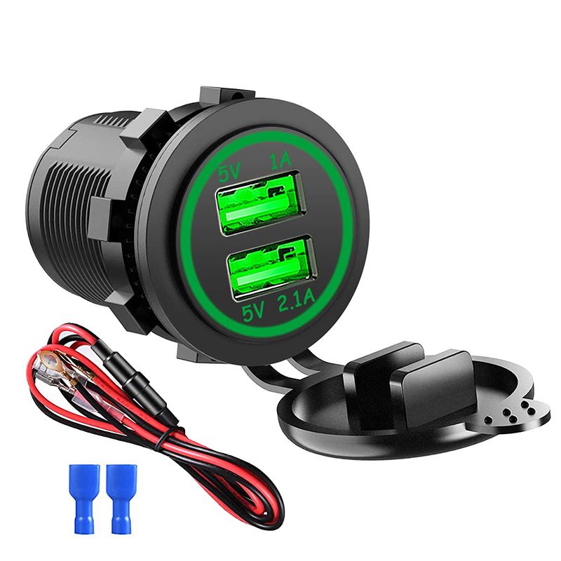 （Green Add Wire）12V/24V Waterproof Dual USB Ports Car Cigarette Charger Socket Power Adapter Outlet For Car Boat Marine Motorcycle Bus Truck