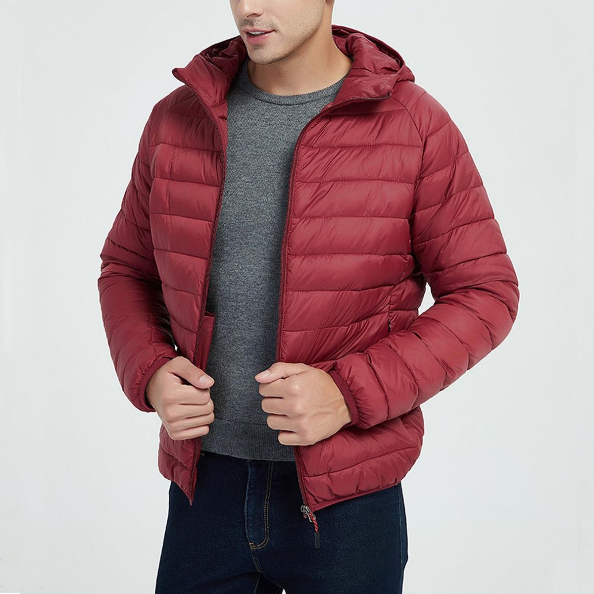 Men's Under Down Jacket Winter Warm Coat Hooded Warm Puffer Red L