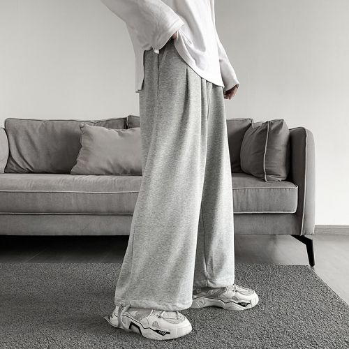 (Gray)Sweatpants Men Drawstring Full Length Wide Leg Trousers Straight Autumn Ma