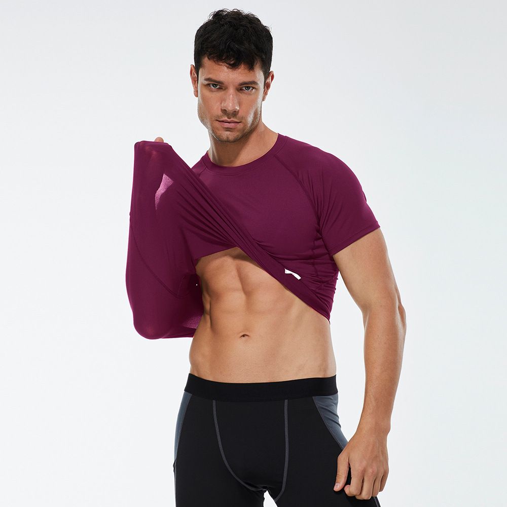Men Summer Sports T-Shirt Short Sleeve Running Fitness Top（Wine Red）