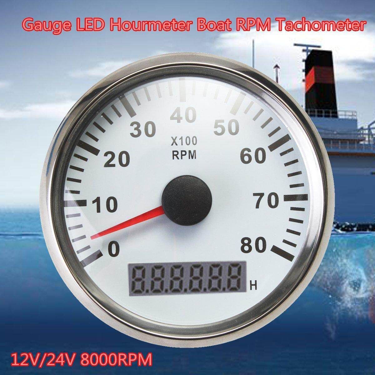 Marine Tachometer LED Hour Meter Boat RPM 12V/24V 8000RPM Stainless Steel