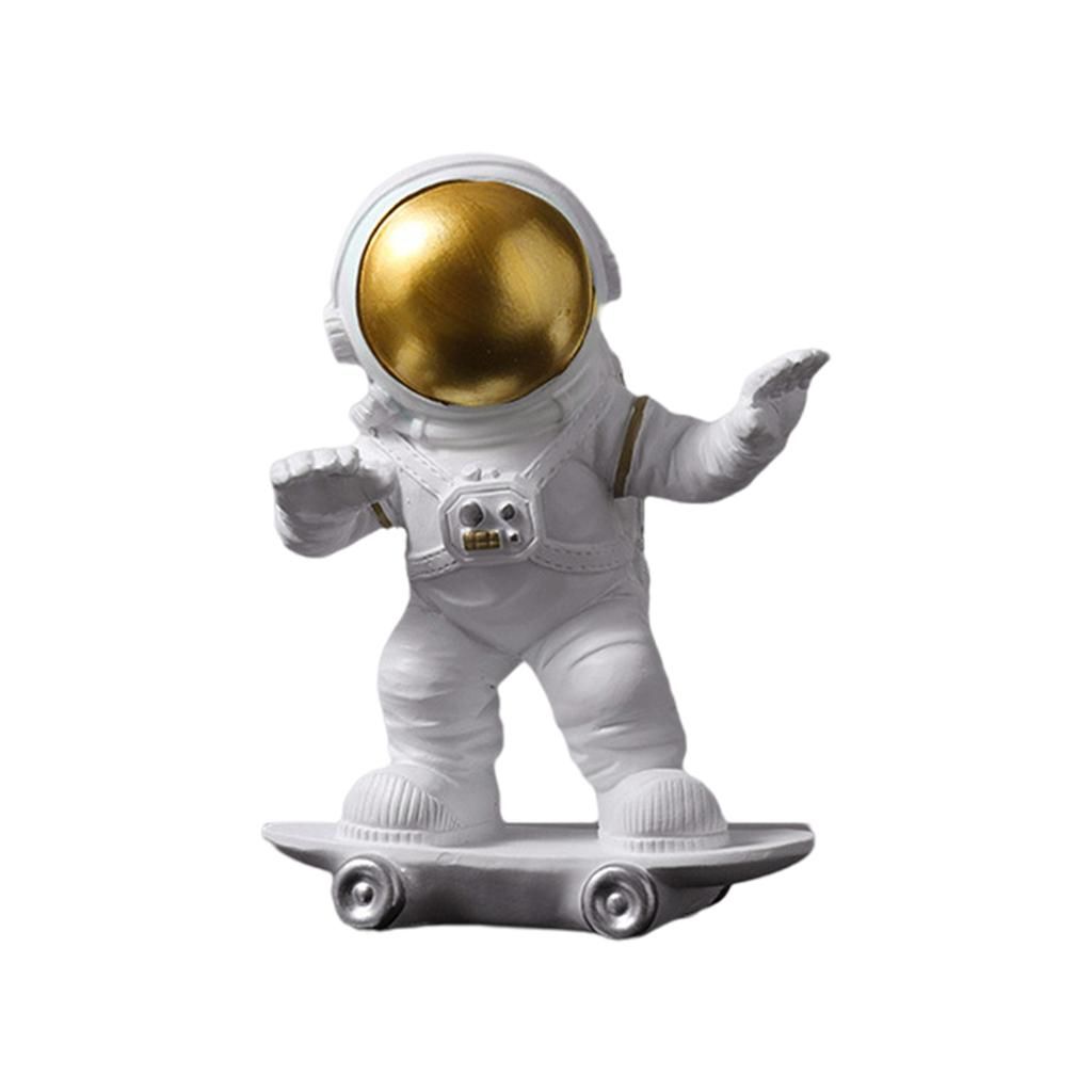 Skateboarding Astronaut Sculpture Figurine Model Ornament White Golden