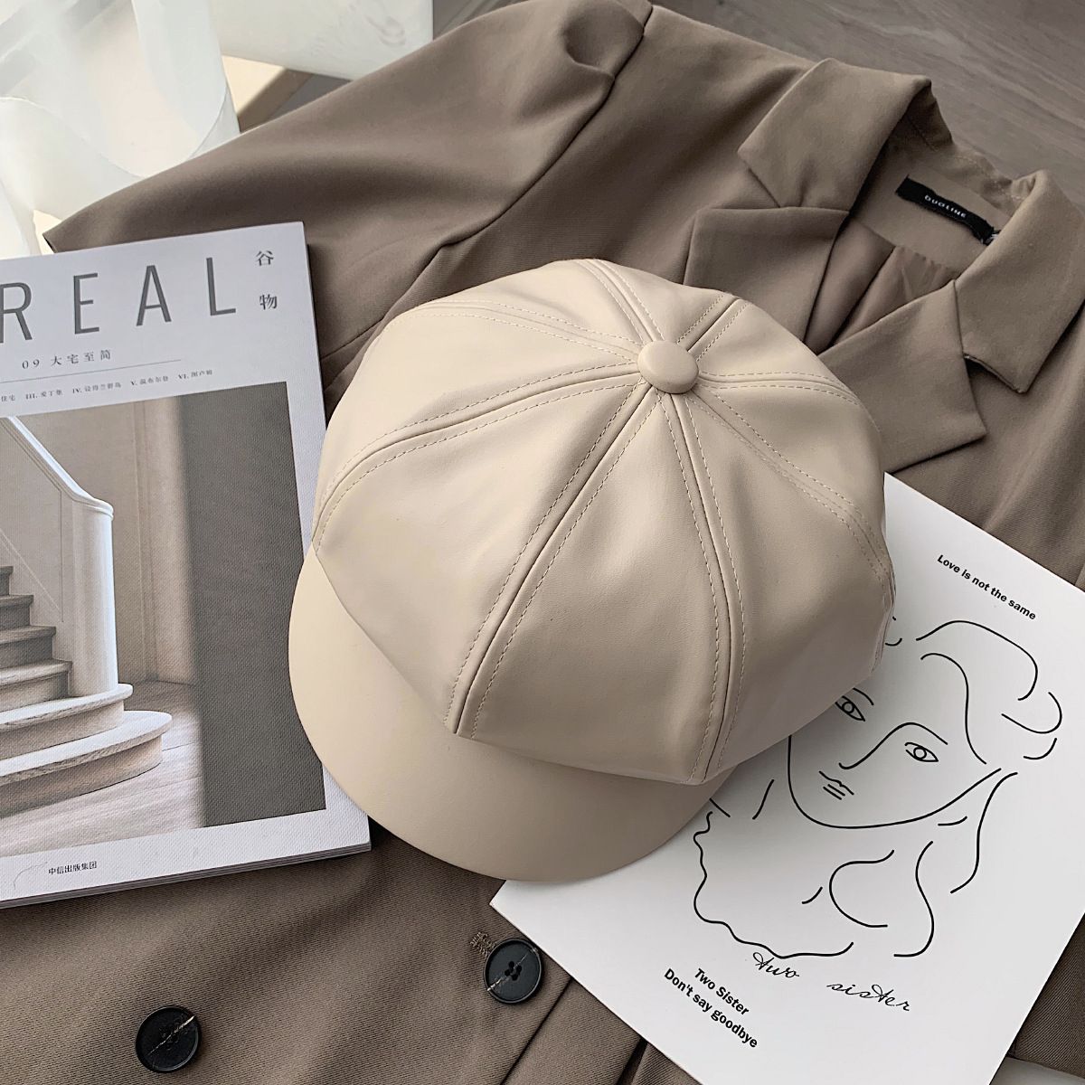 Style Retro Ladies Ladies Autumn Winter Beret Hats PU Leather British Style Flat Top Octagonal Hat Adjustable Female Hats Beige