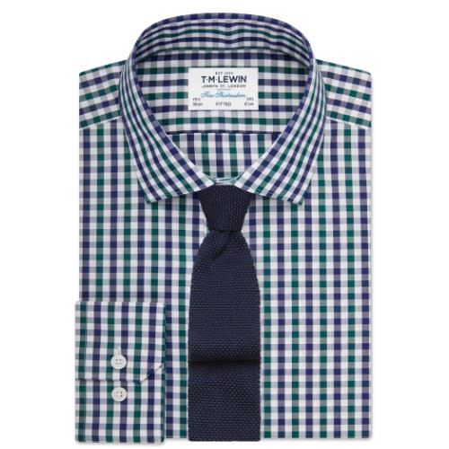 Fitted Navy And Green Block Check Shirt