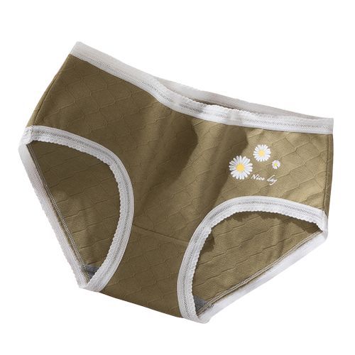 Women Sexy Marguerite Lace Hem Mid Waist Cotton Underwear Briefs-Matcha