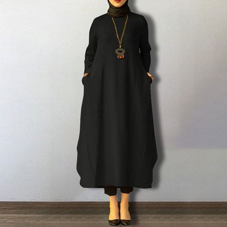 Muslim Ladies Solid Casual Mid-Length Dress Islam Middle East Arab-black