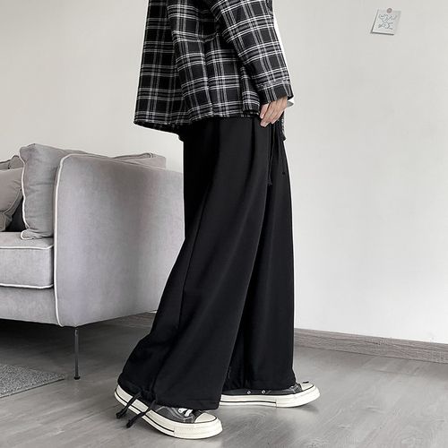 (Black)Sweatpants Men Drawstring Full Length Wide Leg Trousers Straight Autumn M