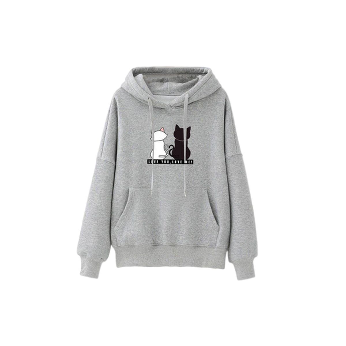 Cute Women Long Sleeve Hoodie Stretchy Casual Hooded Sweatshirt Grey L