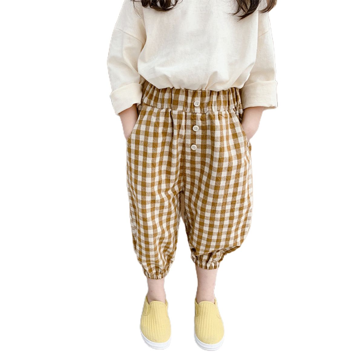 Pants Plaid Loose Spring Girls Beam Feet Trousers For-Yellow