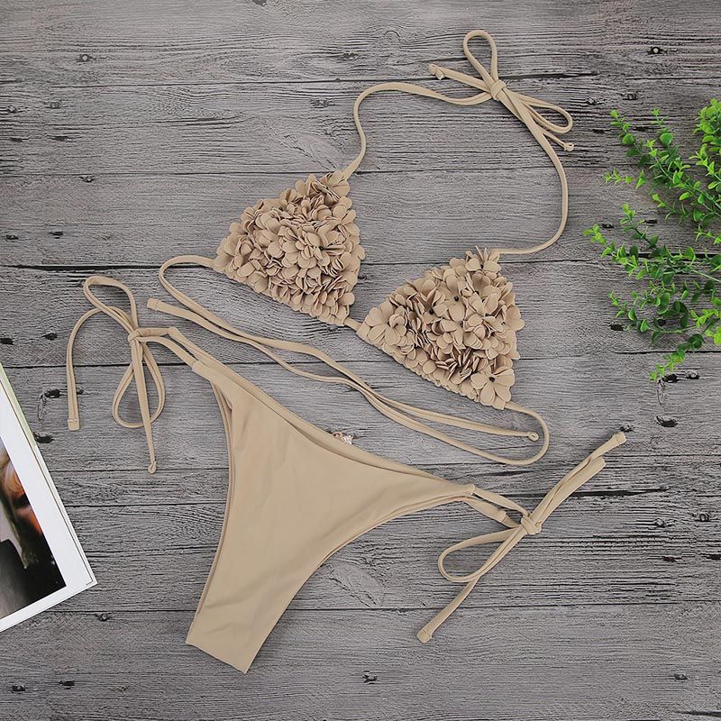 (Light Brown)Swimsuit 2022 New Women Y 3D Flower Bikini 2-piece Suit