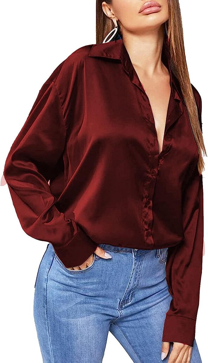 Wine Red Button Down Satin Silk Shirt Long Sleeve Ladies Women Top Blouse