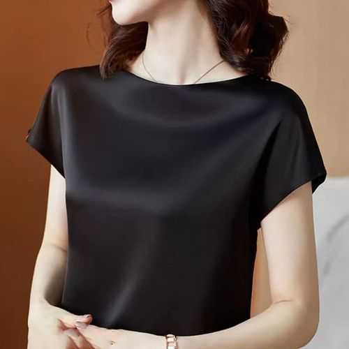 Black Satin Silk Blouse Ladies Woman Short Sleeve Top