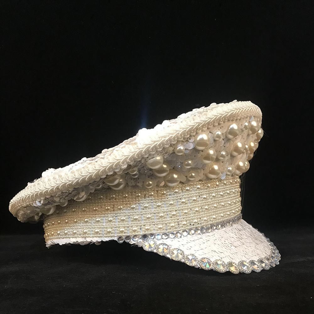 Handmade White  Hat with Diamond For Women Police Hat Shower Cosplay Pearl Bridal hat Queen Captain Part Hat