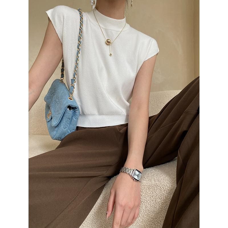 Sinan French Simple and Elegant Half High Neck Wrap Shoulder Sleeve Knit Shirt Design Sense 2023