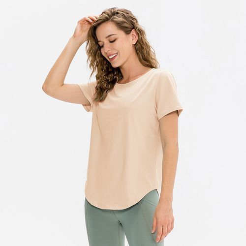 Women Summer Sports T-Shirt Short Sleeve Running Loose Yoga Top（Apricot）