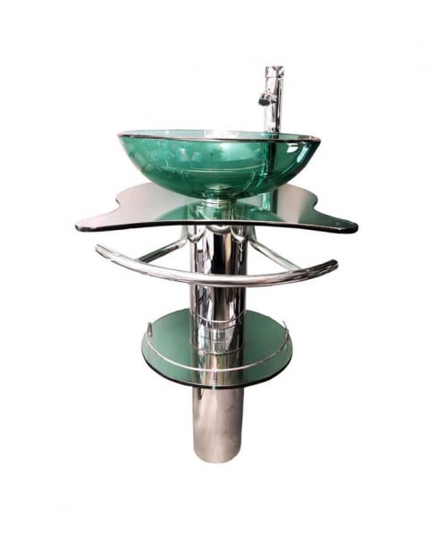 Glass Wash Hand Basin With Mixer - Plain Glass With Shelf