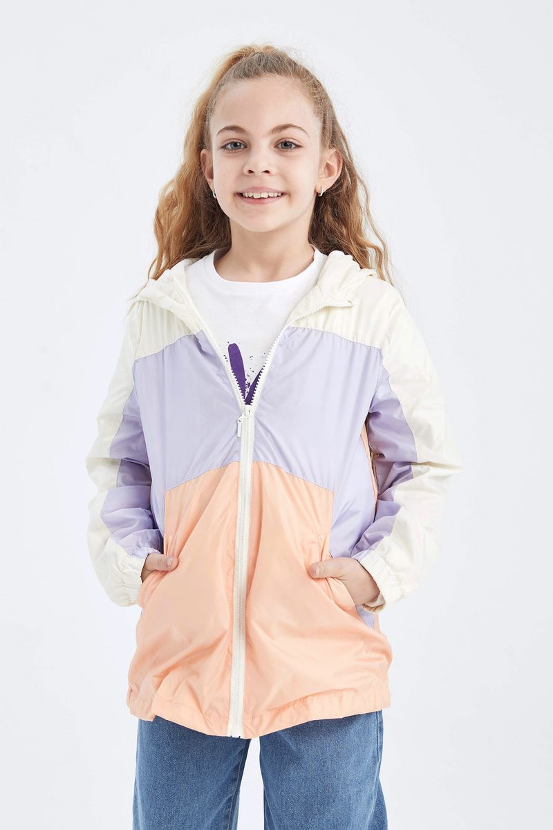 Girl Regular Fit Hooded Long Sleeve Raincoat -Beige