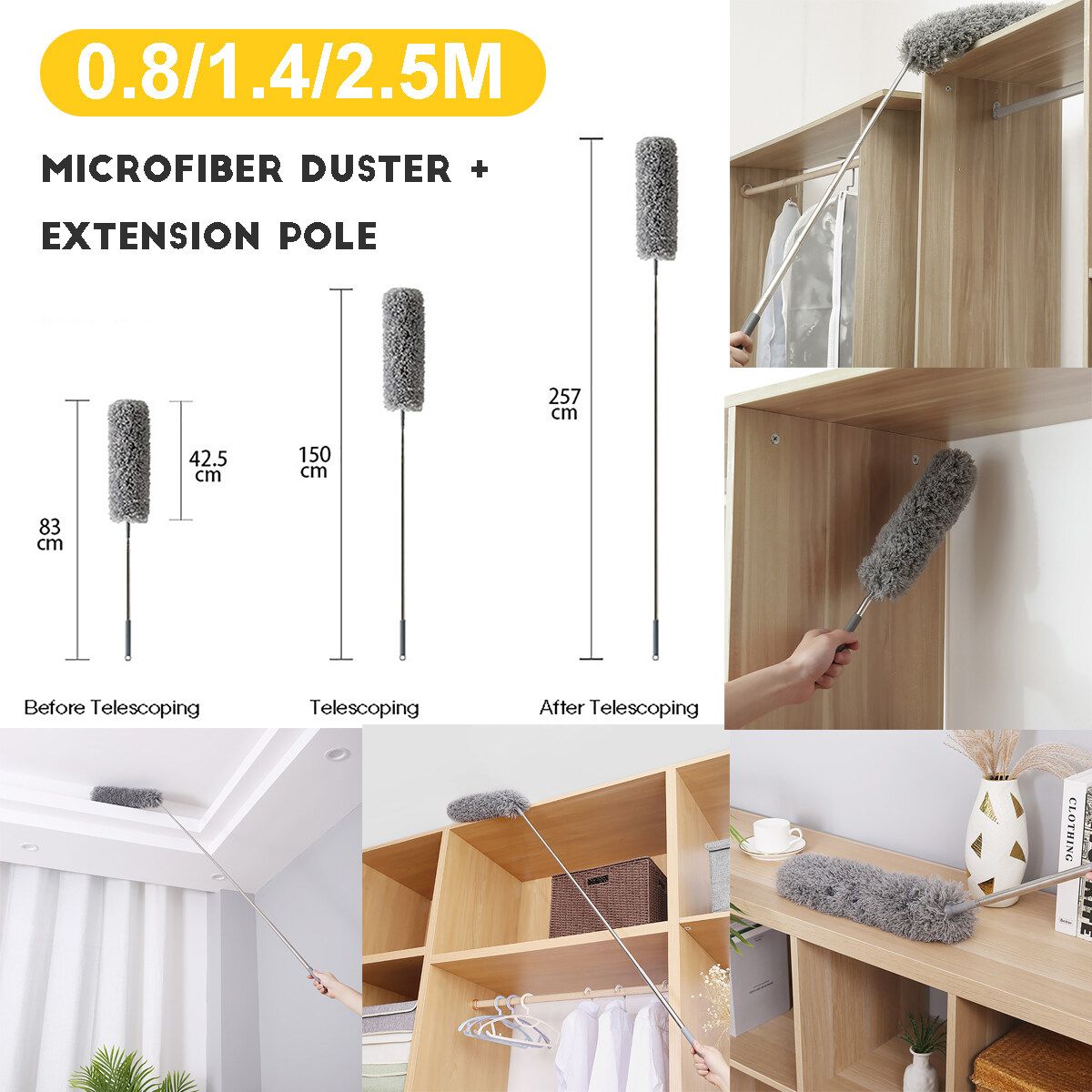 Microfiber Duster Telescopic Pole Washable Roof Cleaning Long Handle For Cleaning Roof, Blinds, Cobwebs,Ceiling Fan, Furniture 2.5m Replacement Head Set